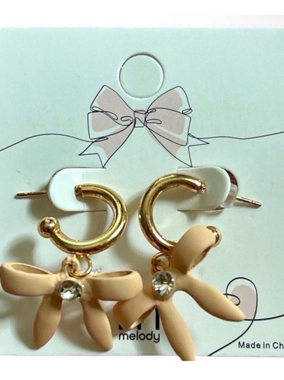 Cute Peach Bow Gold Hoop Earrings Rhinestone Kawaii Sanrio Inspired Jewelry